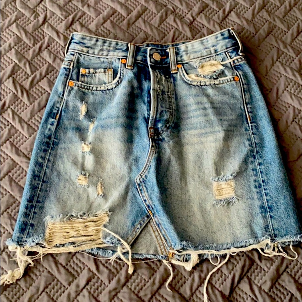 Distressed denim skirt